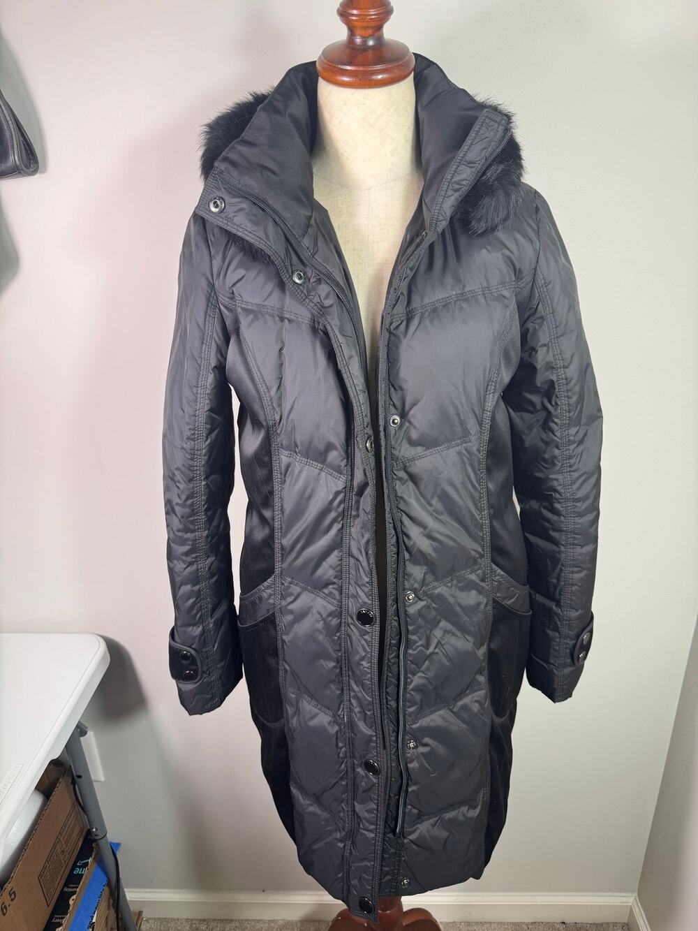 Tahari Black Long Puffer Winter Coat Size XS
